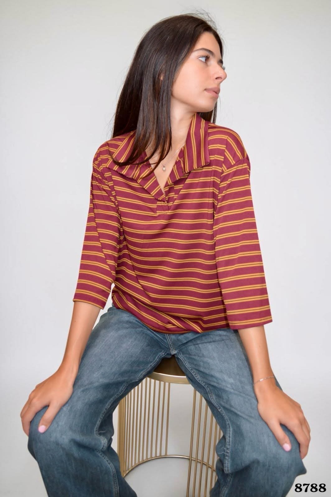 Maglia Flow a righe bordeaux e oro con colletto, articolo 8788